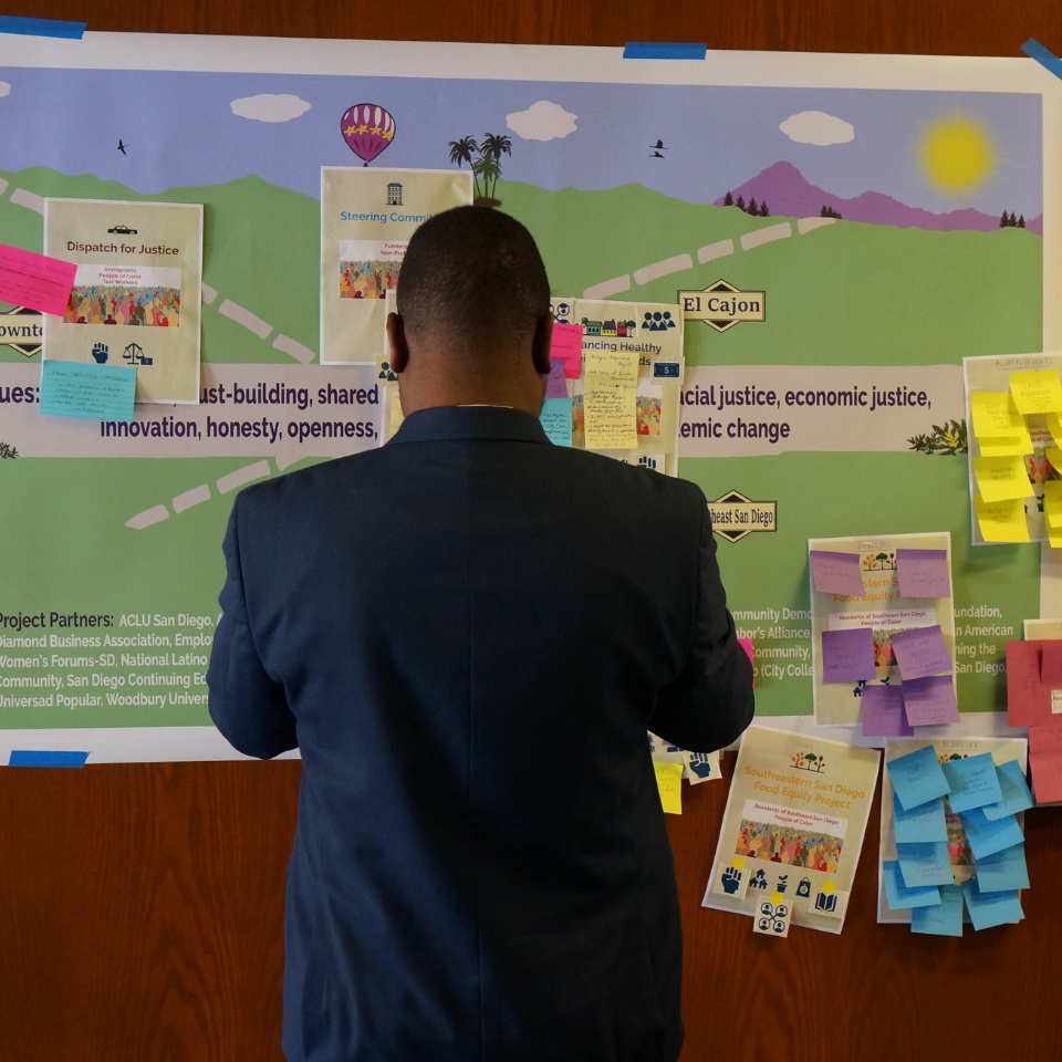 A person in a dark suit stands facing a whiteboard covered in paper and sticky notes, reading the information on it, with a poster that features a countryside landscape.